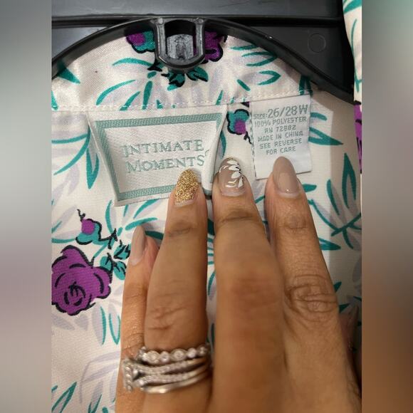 Intimate Moments Floral Satin Green Purple Button Up Retro Sleep Shirt 26/28 W - Picture 5 of 6